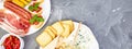 Banner of Italian antipasti wine snacks set. Antipasto catering platter Royalty Free Stock Photo