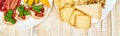 Banner of Italian antipasti wine snacks set. Antipasto catering platter Royalty Free Stock Photo