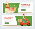 Banner with italian pizzaiolo and delivery service courier