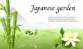 Banner with a Japanese garden. Vector illustration of bamboo, lotus flowers, koi carps. Asian nature