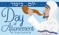 Jewish Senior Man Blowing a Shofar Horn in Yom Kippur, Vector Illustration