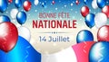 Banner 14 july bastille day in france. French national holiday. French waving flag, multicolor balloons. Background. Flying Royalty Free Stock Photo