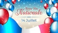 Banner 14 july bastille day in france. French national holiday. French waving flag, multicolor balloons. Background. Flying Royalty Free Stock Photo
