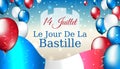 Banner 14 july bastille day in france. French waving flag, multicolor balloons. Background with flying tricolor flag and confetti Royalty Free Stock Photo