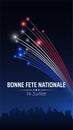 Banner 14 july bastille day in france, template with french colorful fireworks on dark sky background. French national holiday. Royalty Free Stock Photo