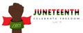 Banner Juneteenth, Celebrate freedom. Clenched fist, raised black hand. A ribbon with the date 1865. June 19, Symbol of