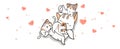 Banner kawaii cat and 3 baby cats and loving with mini hearts