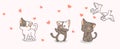 Banner kawaii cats are looking hearts which are spreaded by couple bird Royalty Free Stock Photo