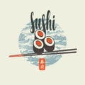 Banner with sushi, chopsticks, lettering and sea Royalty Free Stock Photo