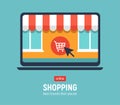 Banner with laptop. Page with online store open on laptop screen. Concept online shopping