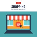 Banner with laptop. Page with online store open on laptop screen. Concept online shopping Royalty Free Stock Photo