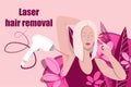 banner about laser hair removal, armpits, a girl in flowers and leaves, shugaring, depilation, device advertising Royalty Free Stock Photo