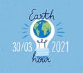 Banner with lightbulb and Earth Hour inscription for 2021 Planet Day. Light bulb with globe for concept of saving