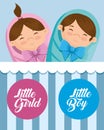 banner of little girl and boy with labels decoration
