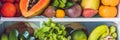 BANNER, Long Format Open Refrigerator Filled With Fresh Fruits And Vegetable, Raw Food Concept, healthy eating concept Royalty Free Stock Photo