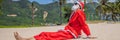 BANNER, LONG FORMAT Santa Claus relaxing on sea beach - christmas or happy new year concept. Christmas in the tropics Royalty Free Stock Photo