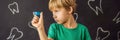 BANNER, LONG FORMAT Six-year old boy shows myofunctional trainer. Helps equalize the growing teeth and correct bite Royalty Free Stock Photo