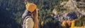 BANNER, LONG FORMAT Woman tourist in background of Panoramic morning view of Black Lake Crno Jezero. Calm summer scene Royalty Free Stock Photo