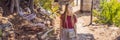 BANNER, LONG FORMAT Woman tourist walking together in Montenegro. Panoramic summer landscape of the beautiful green Royalty Free Stock Photo