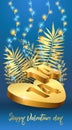 Banner for Love and Valentine`s day concept with gold shining lights garland, tropical leaves, 3D heart 14 February. Classic blue