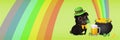 Banner made with a cute black pug in Leprechaun hat, glass of beer and pot of gold. Saint Patricks Day card. Cartoon