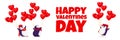 Banner made for Valentine Day with a funny penguins in a cute hats. Cartoon penguin with balloons hearts. Vector