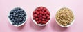 Banner made Variety of fresh currant berries white, blueberries, raspberries in white bowls on pastel pink background Royalty Free Stock Photo