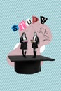 Banner magazine collage poster of two girls friends hold stack book buy textbook for school lectures