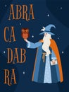 Banner with magician and magic abracadabra spell, flat vector illustration.