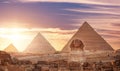 Banner Main tourist view famous wonder of world Sphinx and pyramids Giza, Egypt sunset sky Royalty Free Stock Photo