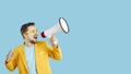 Banner of man announce deal scream in megaphone Royalty Free Stock Photo