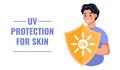 Banner with man protected by uv screen from ultraviolet light. Royalty Free Stock Photo