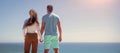 Banner of man and woman couple in love embracing at sunset or sunrise on sea beach, panoramic web poster of young couple Royalty Free Stock Photo