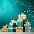 Banner with many gift boxes tied velvet ribbons and paper decorations on turquoise background. Christmas background