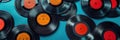 banner with many vinyl records on a blue background in retro style Royalty Free Stock Photo