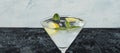 banner with martini glass with cold drink on black and white background. refreshing cocktail on hot day made of ice Royalty Free Stock Photo