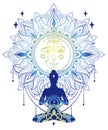 Banner for meditation with human in lotus asana and famtasy moon and sun ornament