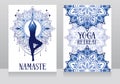 Banner for meditation and spiritual travel with human in yoga asana and fantasy mandala ornament