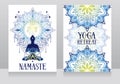 Banner for meditation and spiritual travel with human in yoga asana and fantasy mandala ornament