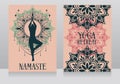 Banner for meditation and spiritual travel with human in yoga asana and fantasy mandala ornament