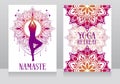 Banner for meditation and spiritual travel with human in yoga asana and fantasy mandala ornament