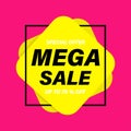 Banner mega sale. Isolated vector illustration. Discount offer tag icon. Yellow poster on pink background advertising design. Royalty Free Stock Photo