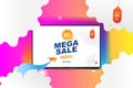 Banner Mega Sale in Mockup realistic backlit tv with OLED technology. Special offer 50 with Plane on the background of clouds cut