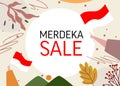 Banner for merdeka august Indonesia independence sale promotion offer discount sale with frame hand hold indonesian flag