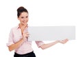 Banner mockup, portrait and happy woman with business announcement sign, corporate information or company news. Brand