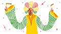 Banner. Modern aesthetic artwork. Man dressed as clown with red nose in whimsical headdress playing with grogger on