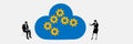 Banner. Modern aesthetic artwork. Two professionals flanking blue cloud filled with interlocking gears, symbolizing work