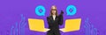 Banner. Modern aesthetic artwork. Woman, hacker in suit with mask and gloves, between speech bubbles with unlocked locks