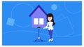 Banner for the mortgage theme. illustration of a female sales person offering advertising space in the form of a home template.