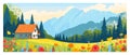 Banner, mountain house in spring, flat illustration vector, spring, mountains,